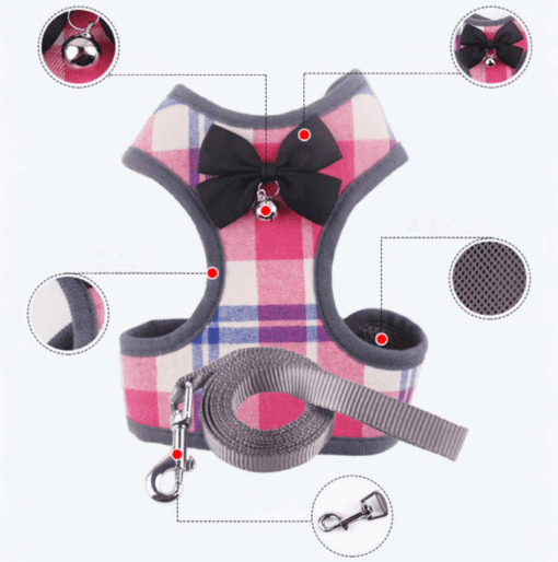 Mesh Plaid and Checkered Dog Harness With Bow - Free Leash Included! - All Pet Things - M / Pink