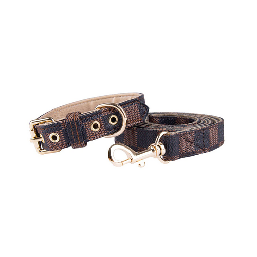 Louis Pawtton Collar and Leash Set - Trendy Monogram and Lattice Designs - All Pet Things - Brown Checkered / XS