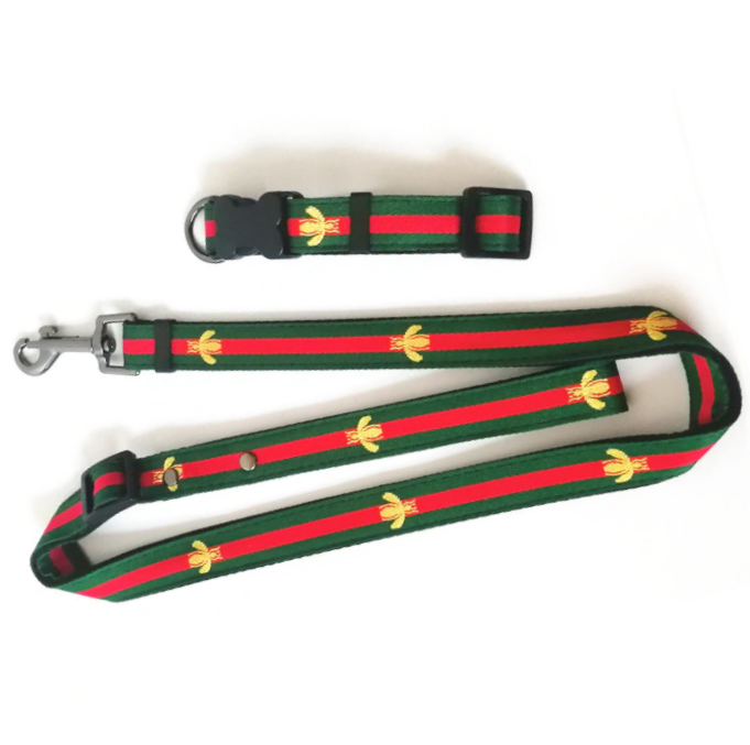 Pucci Bee Designer Collar and Leash Set - Classic Green and Red Design! - All Pet Things - L
