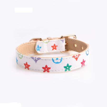 Louis Pawtton Collar and Leash Set - Trendy Monogram and Lattice Designs - All Pet Things - White Flower / XS