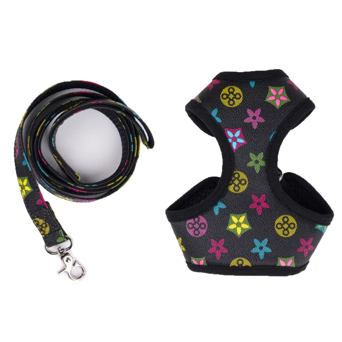 Louis Pawtton Black Floral Monogram Dog Harness with Free Matching Leash! - All Pet Things - XS