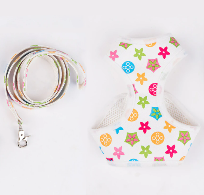 Louis Pawtton White Floral Monogram Dog Harness with Free Matching Leash! - All Pet Things - XS