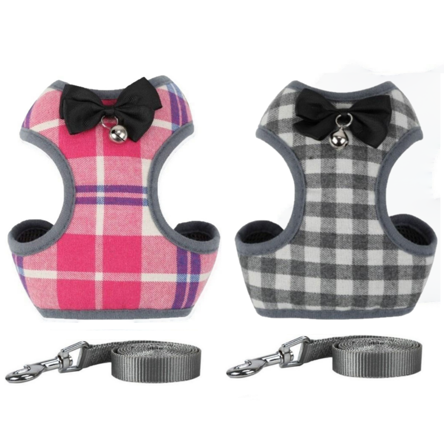 Mesh Plaid and Checkered Cat Harness With Bow - Free Leash Included! - All Pet Things -